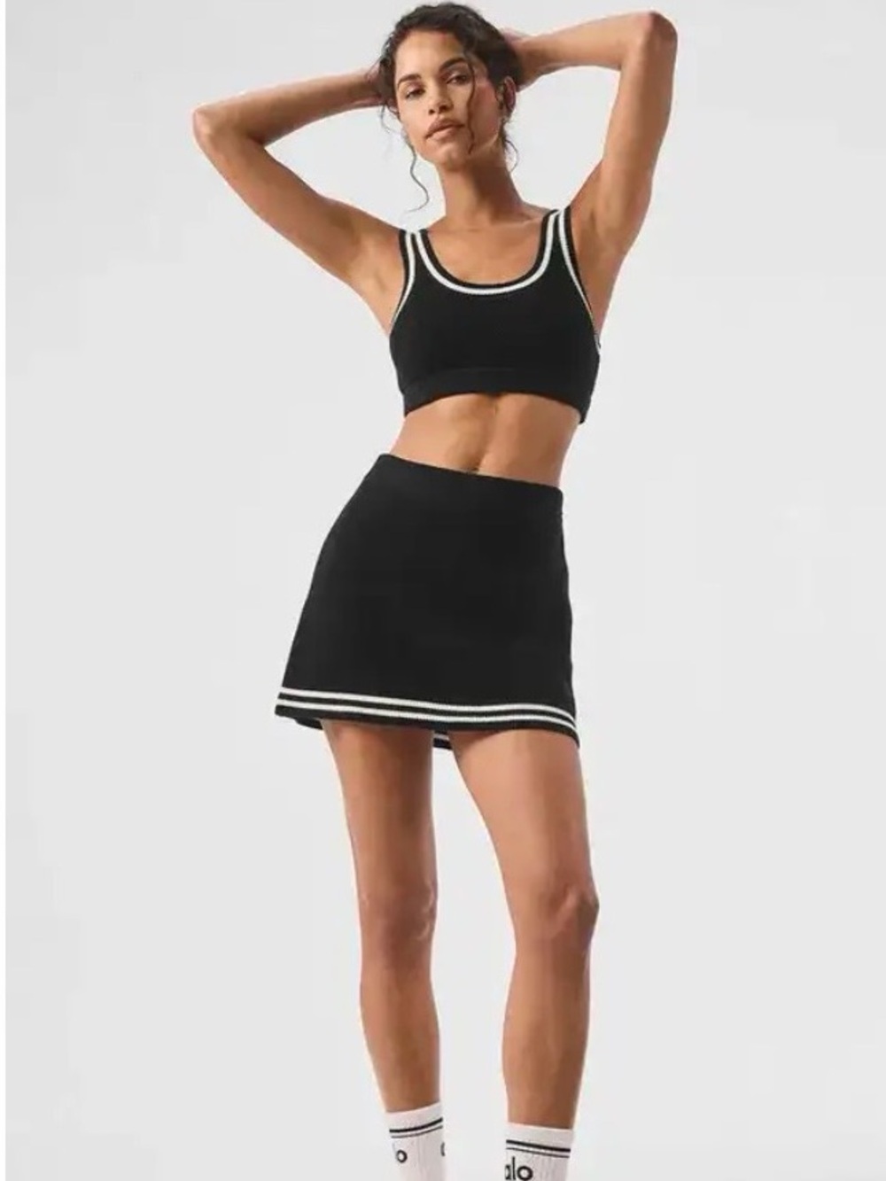 ALO Yoga Tennis club knit black and white set (top, skirt, pullover sweater ) - Picture 4 of 16